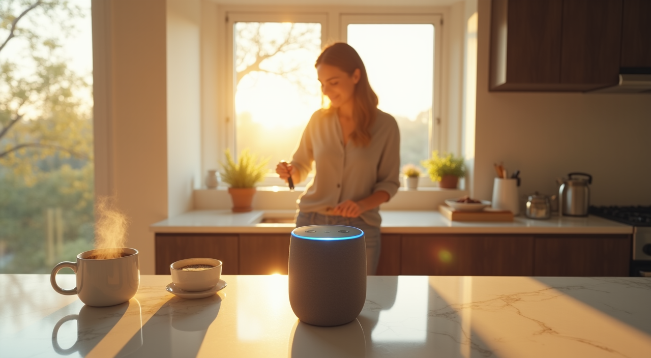 Alexa smart display on a kitchen counter showing weather and music