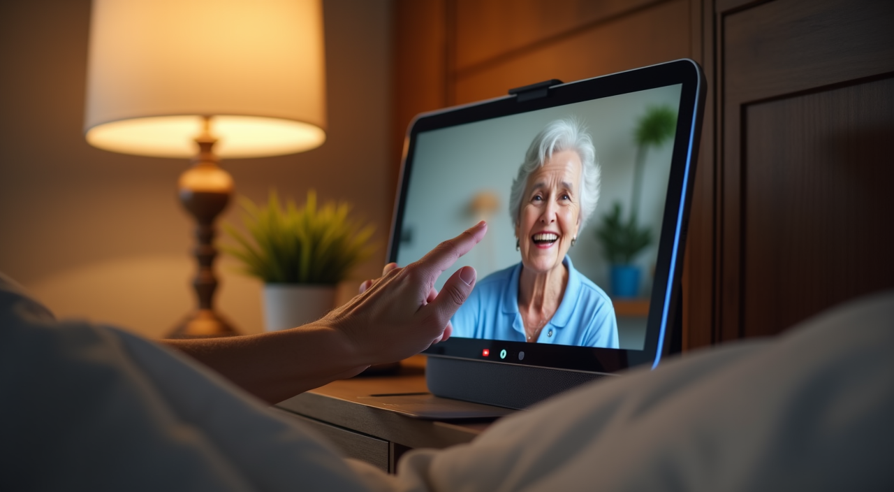 Amazon Echo Show 5 on a nightstand showing smart home controls