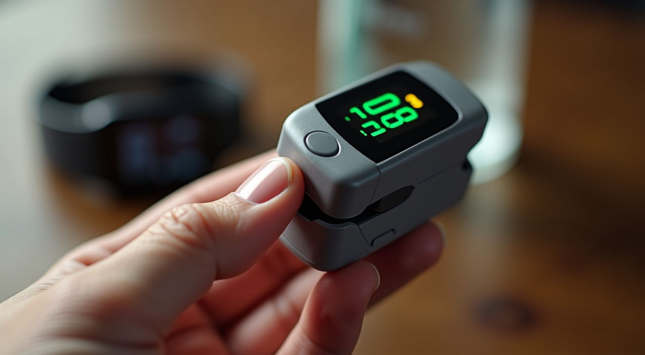 Close-up of Alecaremed SpO2 monitor showing oxygen saturation and pulse rate on OLED display
