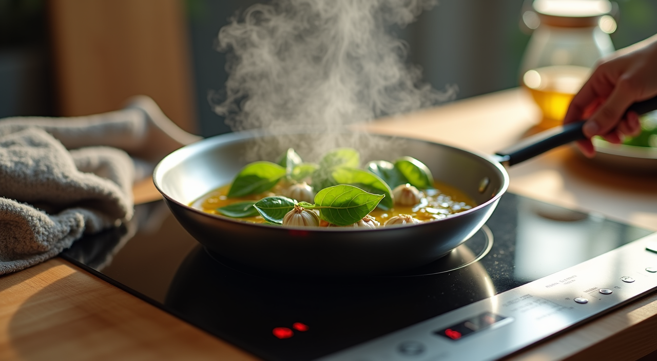 Duxtop countertop burner in use with stainless steel pot