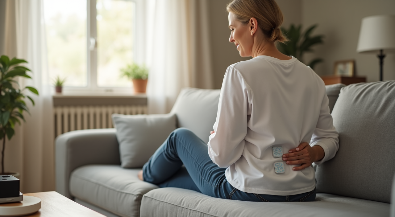 OMRON TENS unit providing drug-free pain relief for back and shoulder