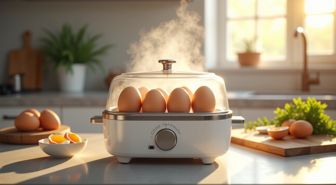 Electric egg cooker on countertop with boiled eggs