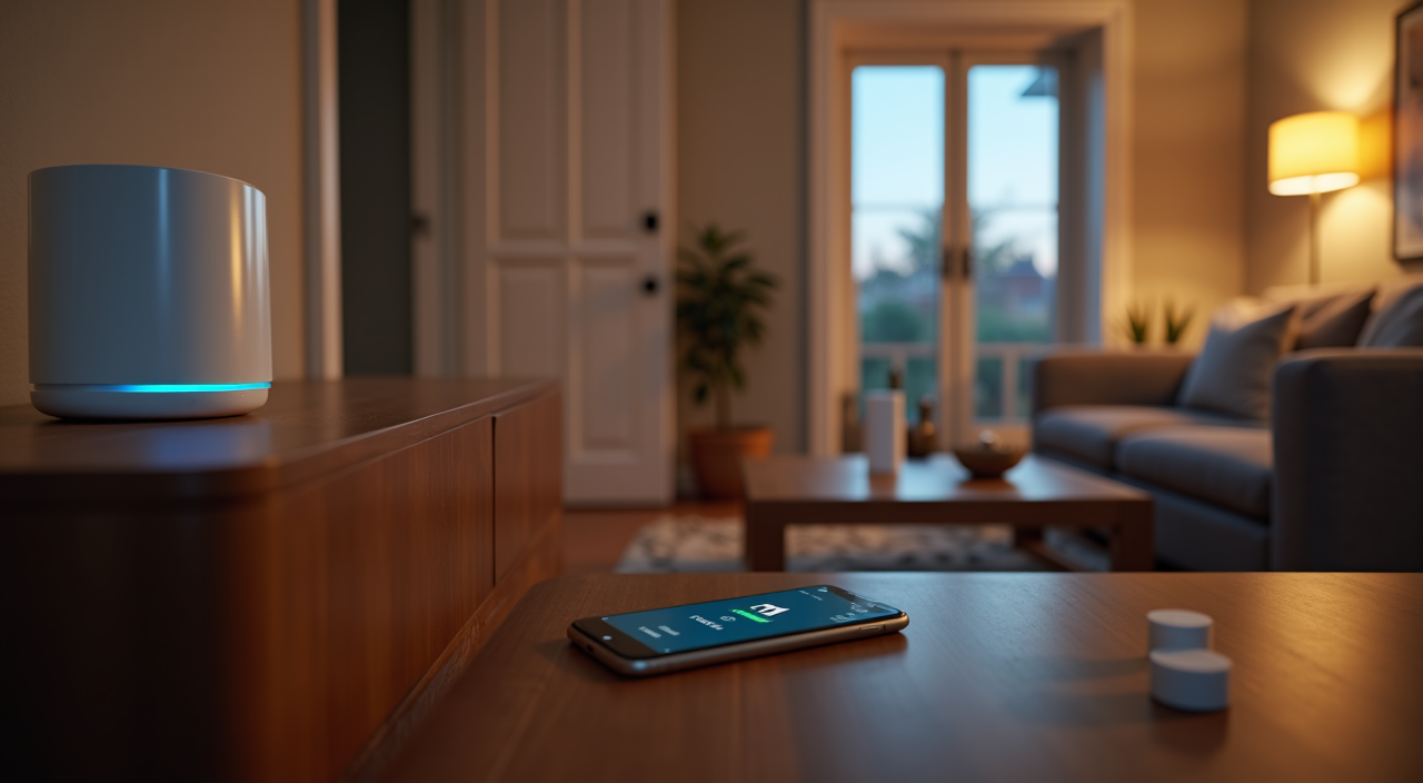 Wireless home security system components on a table