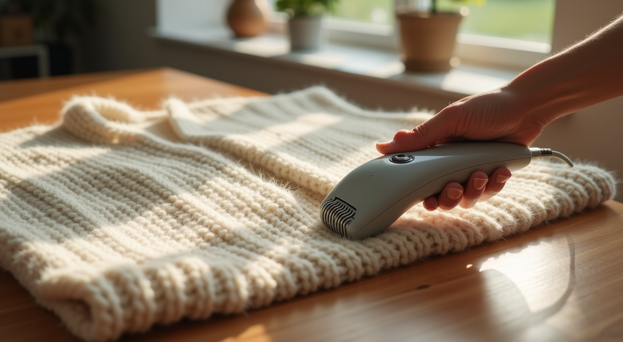 Conair fabric shaver and lint remover being used on a sweater