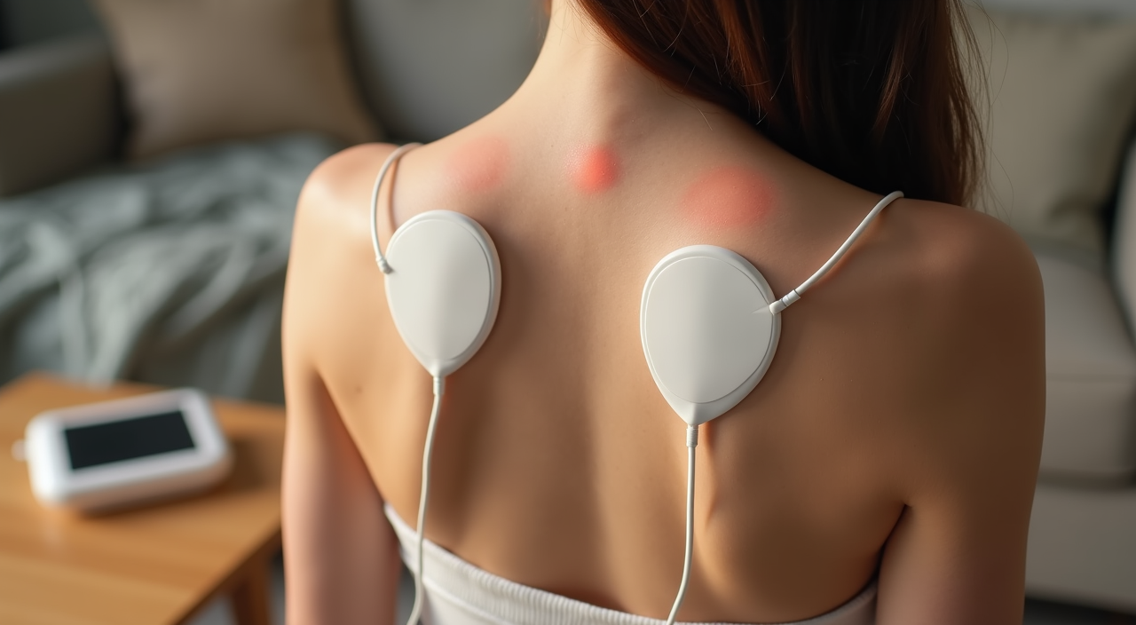 OMRON muscle stimulator pads placed on shoulder for targeted relief