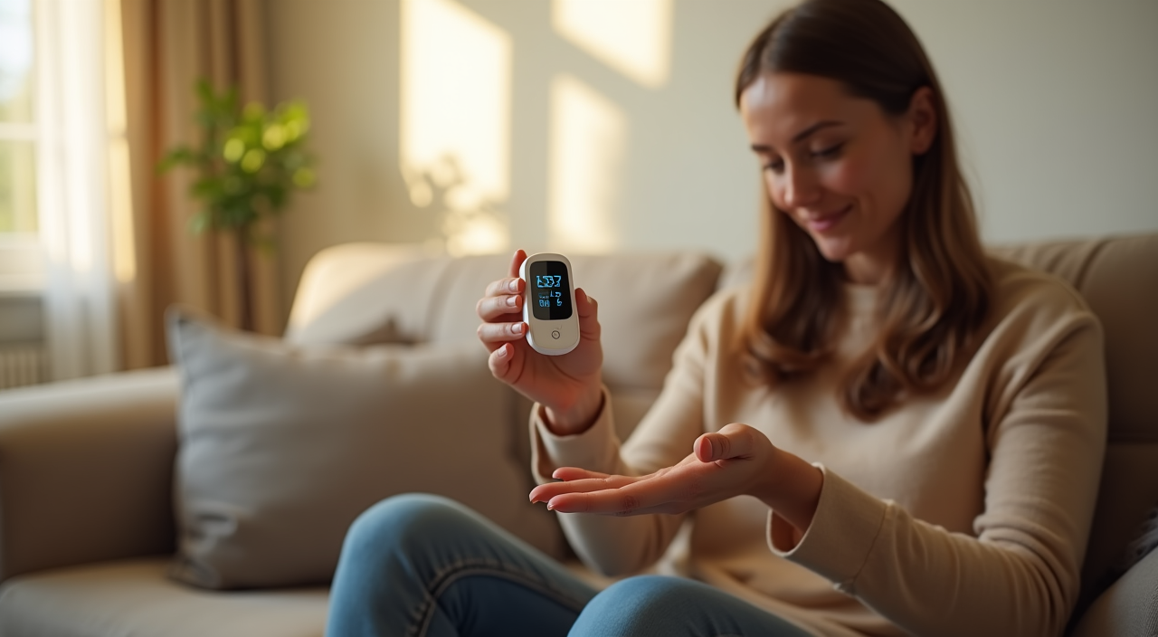 A person using an Alecaremed pulse oximeter on their finger with OLED display showing SpO2 and pulse rate