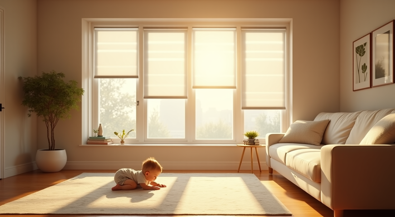 Cordless room darkening mini blinds installed in a living room