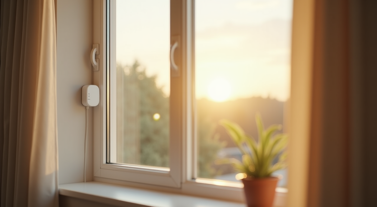 GE 45115 wireless window alarm installed on a window frame