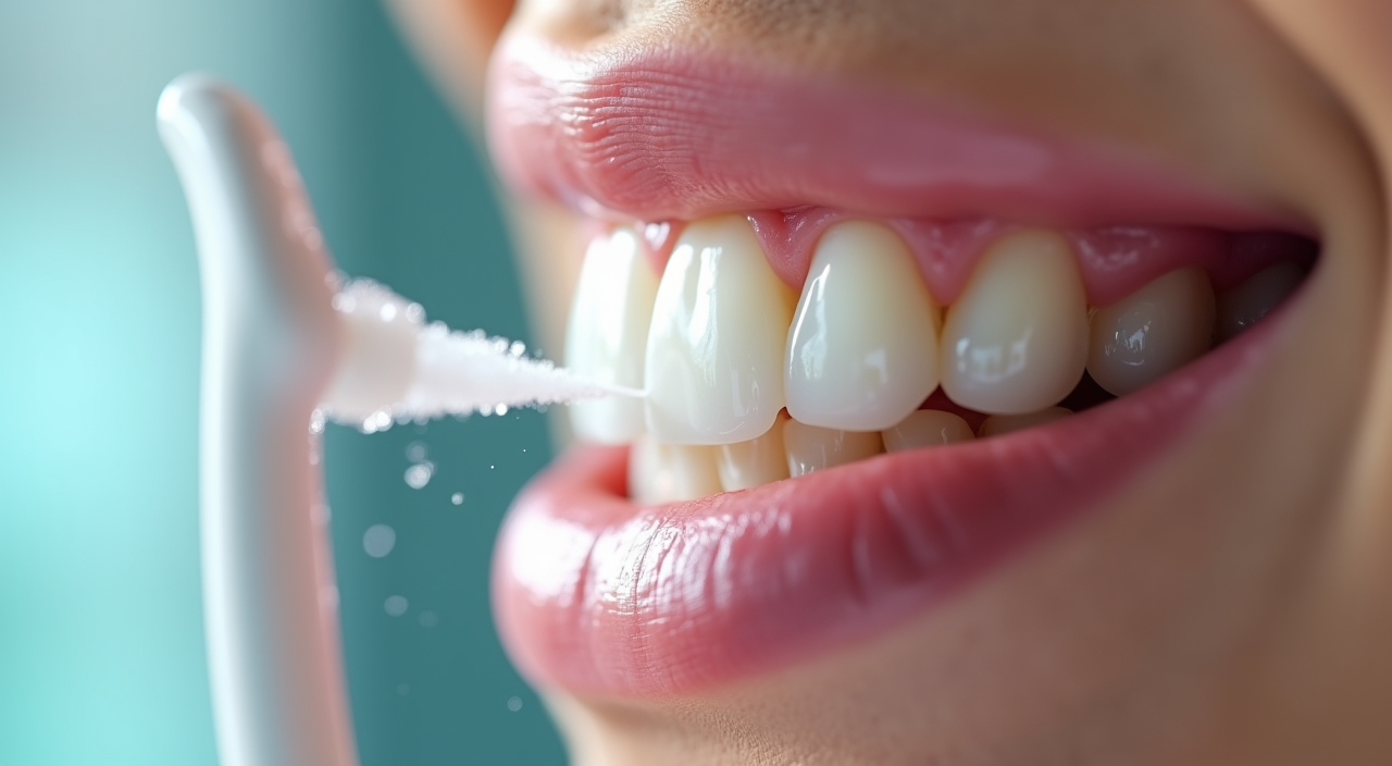 Portable oral irrigator being used for braces care