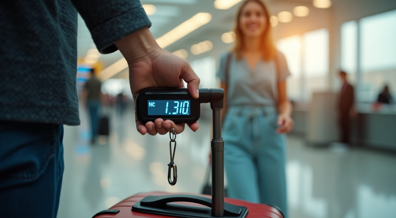 Digital portable scale being used to weigh a suitcase hand grip