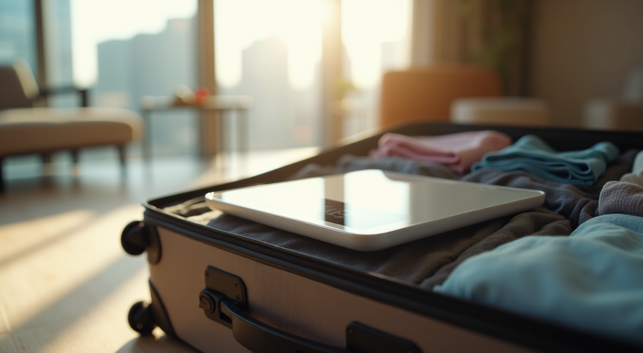 Close-up of a digital luggage scale weighing a suitcase
